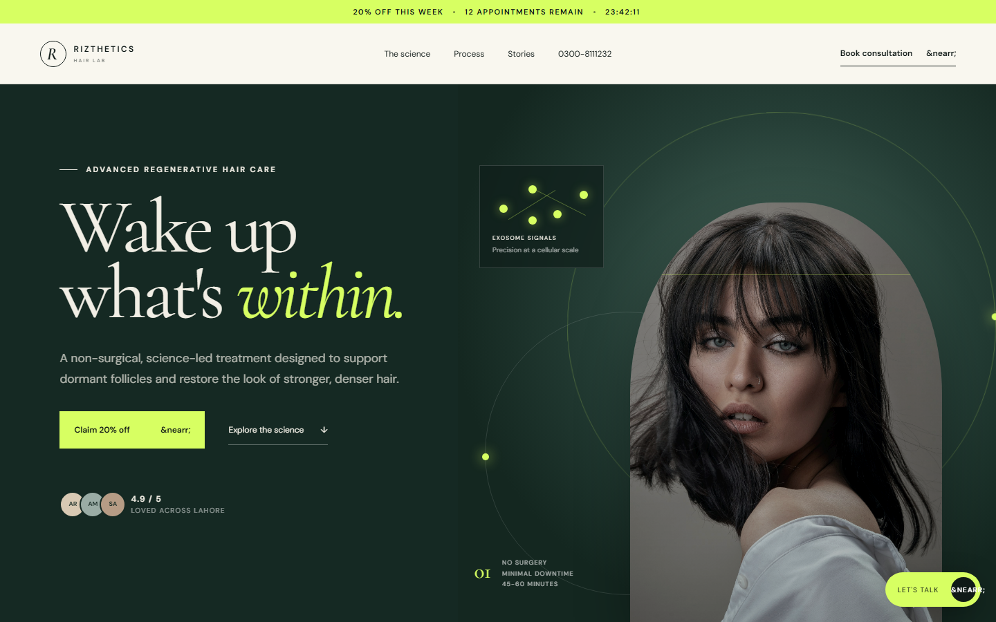 Rizthetics Hair Lab website hero section